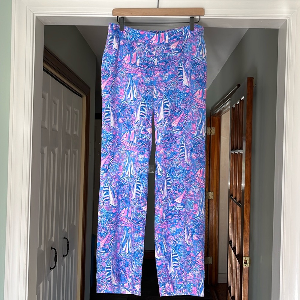 Lilly Pulitzer Wide Leg Linen Pants Sailboats Fireworks Patriotic Sz M Blue Pink